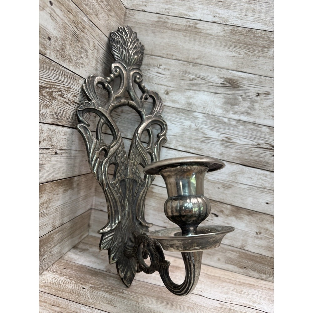 VTG Hollywood Regency Ornate Metal Wall Sconce Candle Holder Gothic Silver Plate